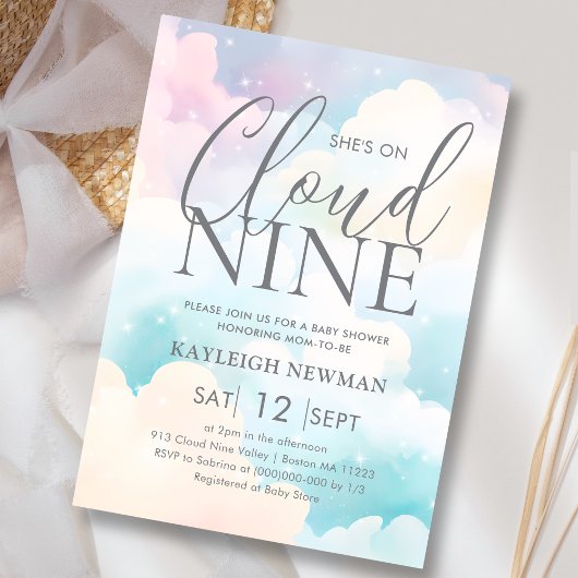 Pastel She's on Cloud Nine Baby shower Invitation