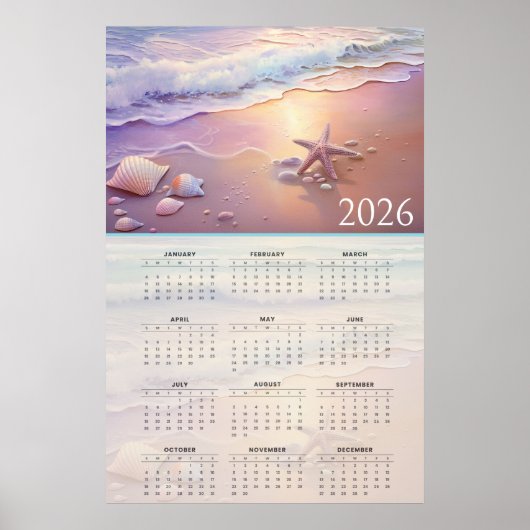 Pastel Shoreline 2026 Calendar with Seashells  Poster (Voorkant)