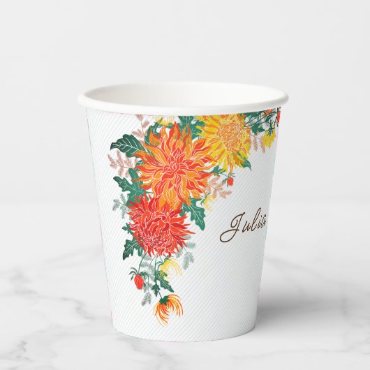 Pastel Sinaasappel Geel Lente Dahlia Bloemen Bruil Papieren Bekers (Voorkant)