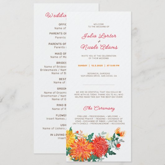 Pastel Sinaasappel Geel Lente Dahlia Bloemen Bruil Programma (Voorkant / Achterkant)