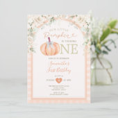 Pastel Sinaasappel Pompoen Bloemen Gingham 1e Verj Kaart (Staand voorkant)