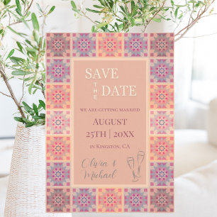 Pastel sinaasappel roze tegels patroon bruiloft save the date