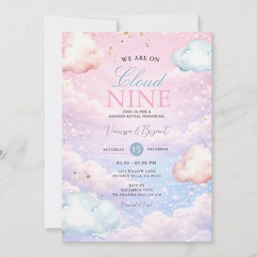 Pastel Sky Cloud Nine Gender Reveal Invitation Kaart (Voorkant)
