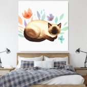 Pastel Slumber: Siamese Cat in Bloom Canvas Afdruk (Insitu (Slaapkamer))