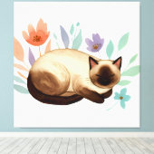 Pastel Slumber: Siamese Cat in Bloom Canvas Afdruk (Insitu (Houten vloer))