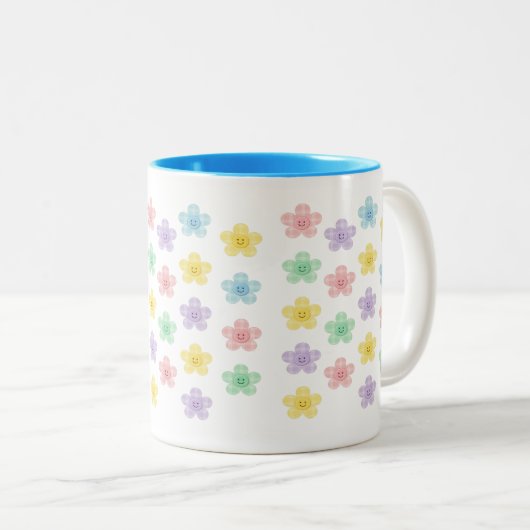 Pastel Smiley Flower Pattern – Cute Gingham Tweekleurige Koffiemok (Voorkant rechts)