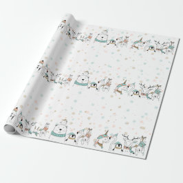 Pastel Snowflakes Kute kerstdieren Cadeaupapier
