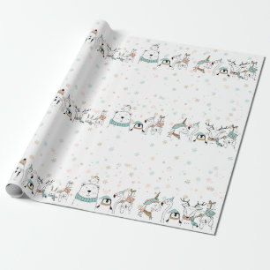 Pastel Snowflakes Kute kerstdieren Cadeaupapier