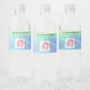 Pastel Spiral Welkom Baby Boy "Sip & See" Party Waterfles Etiket