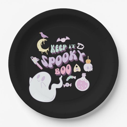Pastel Spooky Ghost & Gang Black Halloween Papieren Bordje (Voorkant)