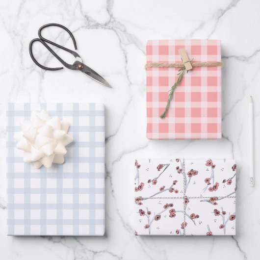 Pastel spring blauw en roze tartan en Sakura Inpakpapier Vel (Voorkant)