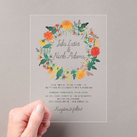 Pastel Spring Dahlia Wildflowers Krans Trouwen Acryl Uitnodigingen (Insitu (Draagbaar))