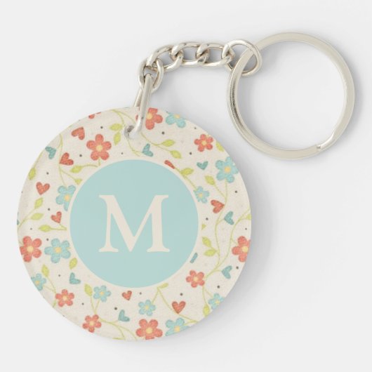 Pastel  Spring Floral Pattern Monogram Sleutelhanger (Achterkant)