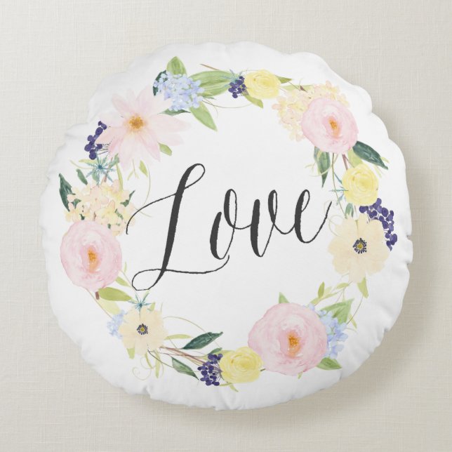 Pastel Spring Floral Wreath | Love Round Pillow Rond Kussen (Voorkant)