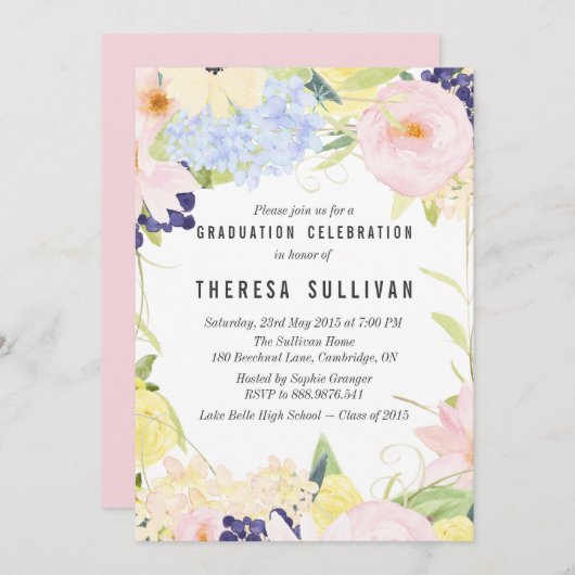 Pastel Spring Flowers Graduation Party Invitation (Devant / Derrière)