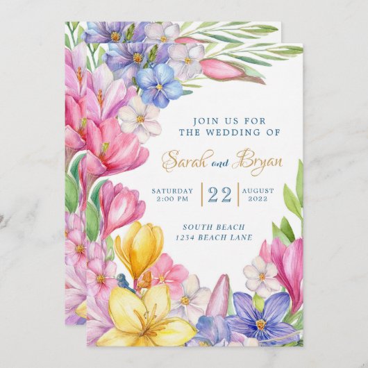 Pastel Spring Tulips Crocus Faire-part de mariage (Devant / Derrière)