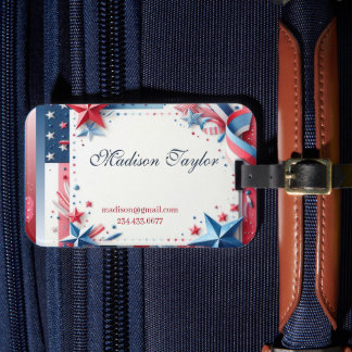 Pastel Stars & Stripes Rood Blauw Modern Minimalis Bagagelabel