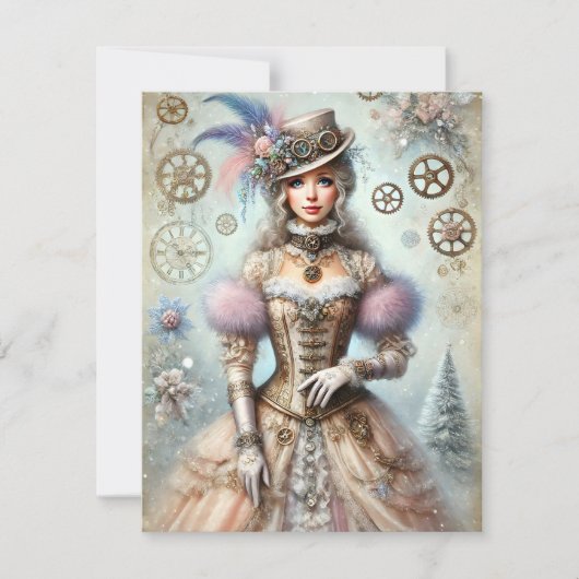 Pastel Steampunk Christmas Kaart Antiek Lady (Voorkant)