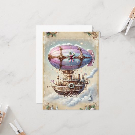 Pastel Steampunk Kerst Kaart Antiek Luchtschip (Voorkant / Achterkant in situ)