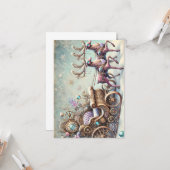 Pastel Steampunk Kerst Kaart Antiek Rendier (Voorkant / Achterkant in situ)
