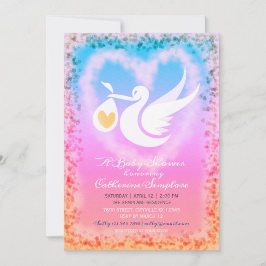 Pastel Stork Baby shower Invitation Aankondiging (Voorkant)