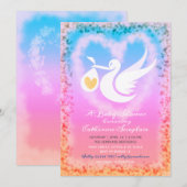 Pastel Stork Baby shower Invitation Aankondiging (Voorkant / Achterkant)