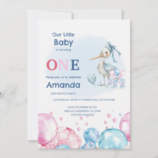 Pastel Stork & Balloons 1e verjaardag Kaart (Voorkant)