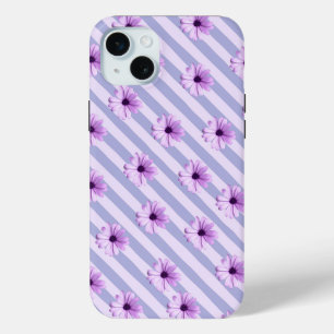 Pastel strepenpatroon met madeliefjes iPhone 15 mini hoesje