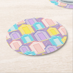 Pastel Striped Beach Hut Pattered Coastal Ronde Kartonnen Onderzetter