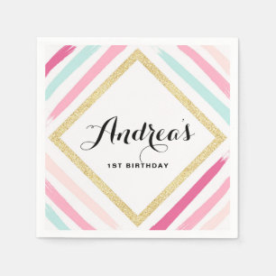 Pastel Stripes & Gold Glitter Kids Verjaardagsfees Servet