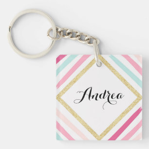 Pastel Stripes Gouden Glitter Gepersonaliseerde Sl Sleutelhanger