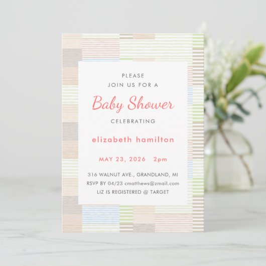 Pastel Stripes Patchwork Baby Shower Invitation Kaart (Staand voorkant)