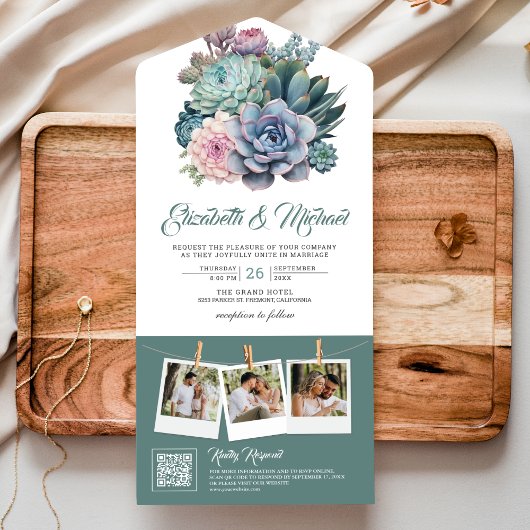 Pastel Succulent Ampersand QR Code Bruiloft All In One Uitnodiging