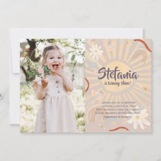 Pastel Sun Pink Birthday Photo Girl Invitation Kaart