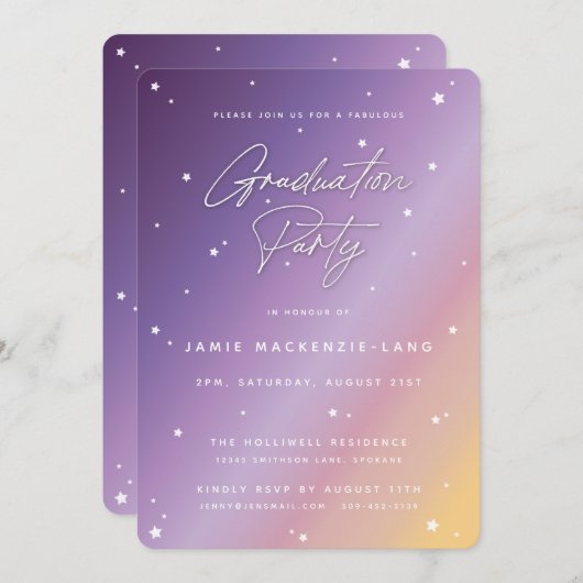 Pastel Sunset Script and Stars Graduparty Kaart (Voorkant / Achterkant)