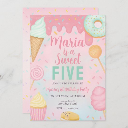 Pastel Sweets Candy Birthday Invitation (Devant / Derrière)