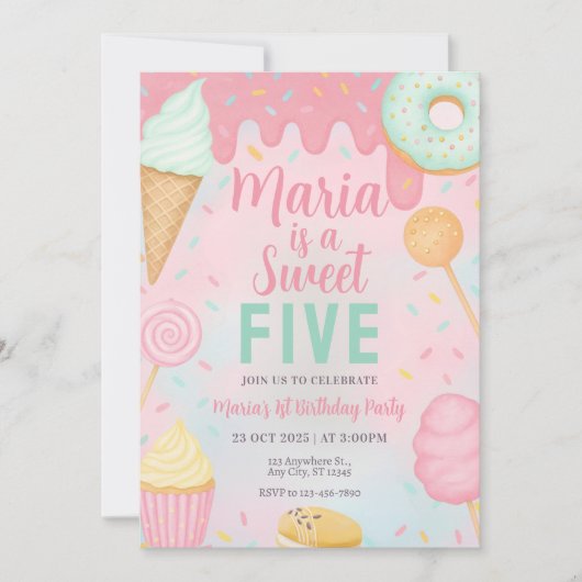 Pastel Sweets Candy Birthday Invitation Kaart (Voorkant)