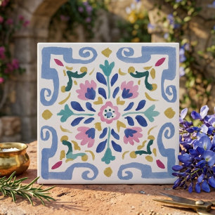Pastel Symmetrische Bloemendecoratie Tegeltje
