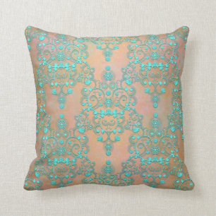Pastel Teal over Perzik Gouden Fancy Damask Kussen