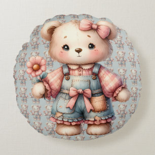 Pastel teddybeer met bloem en overall aan rond kussen