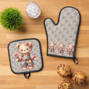 Pastel teddybeer met bloem en overall ovenwant & pannenlap set