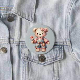Pastel teddybeer met bloem en overall ronde button 7,6 cm