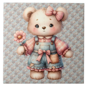 Pastel teddybeer met bloem en overall tegeltje