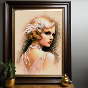 Pastel Tekening 1920 Flapper Meisje Blond Poster