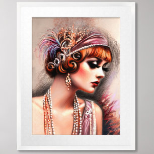 Pastel Tekening 1920 Flapper Meisje Rood Haar Poster