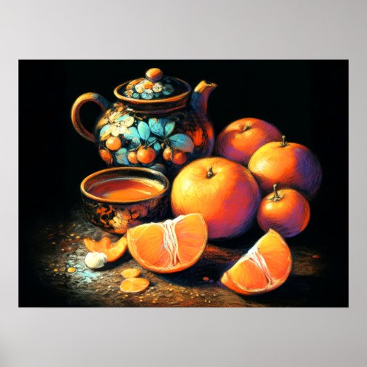 Pastel Tekening Aziatische Theepot Sinaasappels Aa Poster (Voorkant)