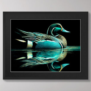 Pastel Tekening Blauwgroen Eend op Water Poster