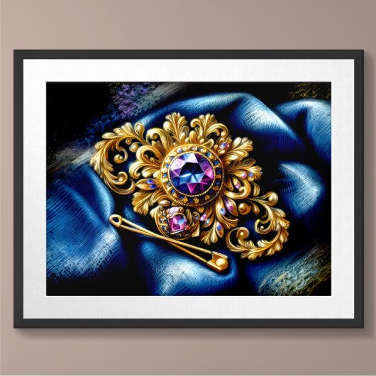 Pastel tekening Goud en Edelsteen Broche Poster
