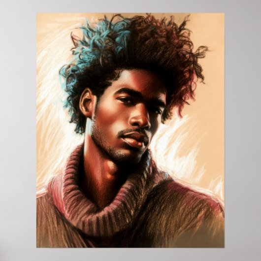 Pastel tekening knap zwart Man Poster (Voorkant)