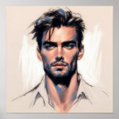 Pastel tekening Knappe Man Blauwe Ogen Baard Poster (Voorkant)
